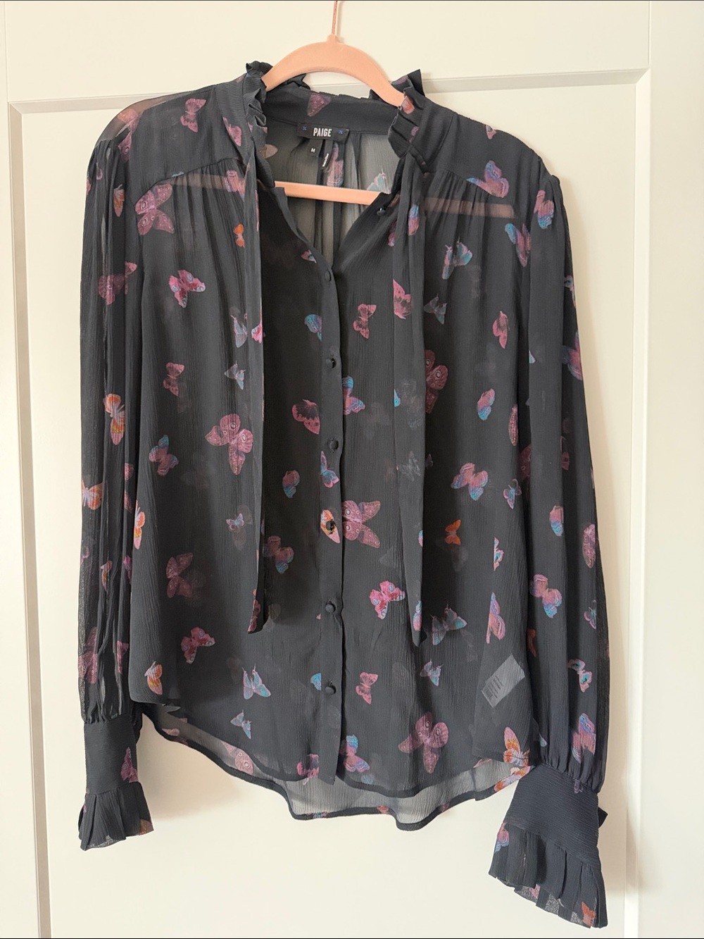 PAIGE Black Sheer Butterfly Tie-Neck Blouse with Pink & Blue Accents